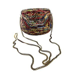 Tara Handcrafted Multicolor Glass Beaded Crossbody Bag W/Gold Chain Strap